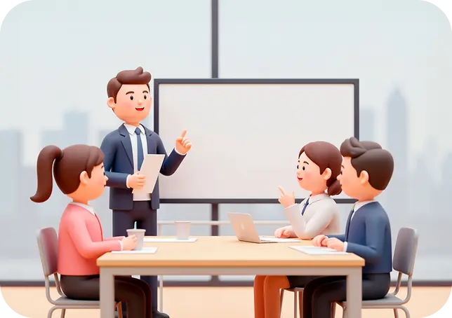 웹프림 ERP 프로젝트 진행 과정에서 팀과 고객이 긴밀하게 소통하는 협업 장면을 표현한 이미지