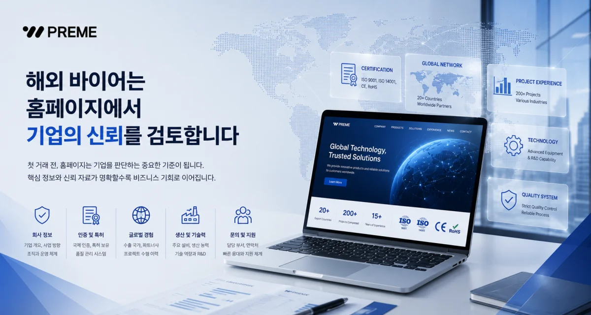 해외 바이어는 홈페이지에서 기업의 신뢰를 검토합니다