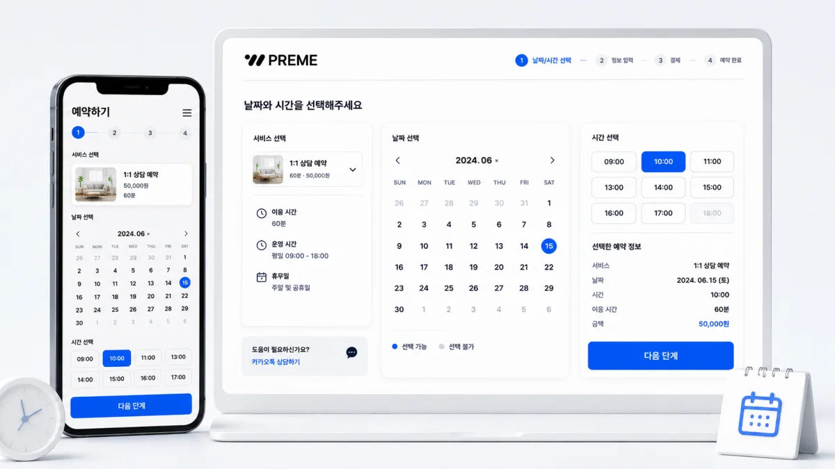 고객이 예약 날짜와 시간을 선택하는 예약 시스템 UI 이미지