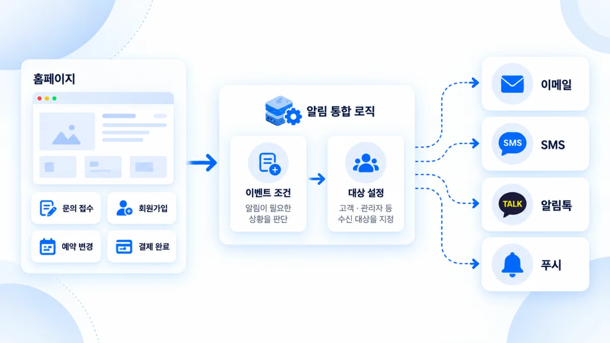 홈페이지 이메일 SMS 카카오 알림톡 푸시 알림 연동 구조