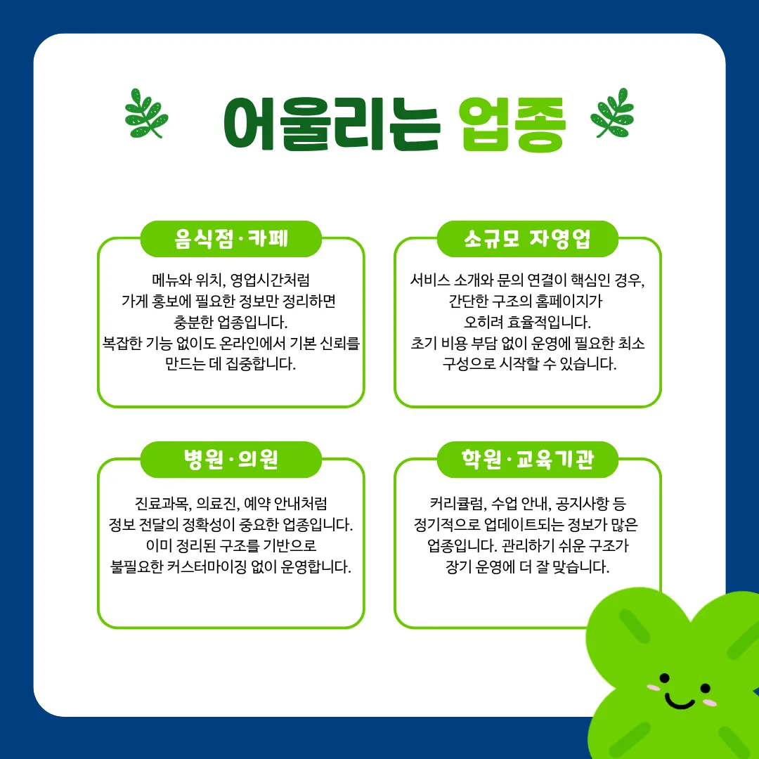 업종별로 준비된 홈페이지 구조